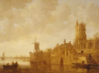 Flusslandschaft mit Windmühle und Burgruinen, 1644